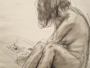 Otto Dicke - Fraaie & grote in 1977 gemaakte houtskooltekening "lezend Naakt op het strand" kopen? Bied vanaf 70!