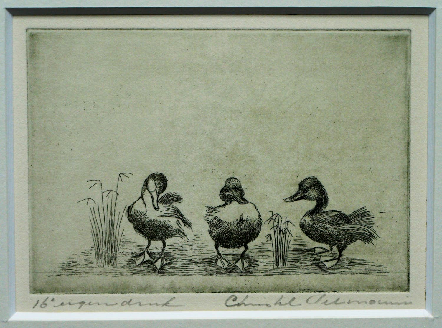 Christel Selmouni - Ingelijste ets , Drie eendjes , Kwik, Kwek & Kwak verkocht voor € 1!