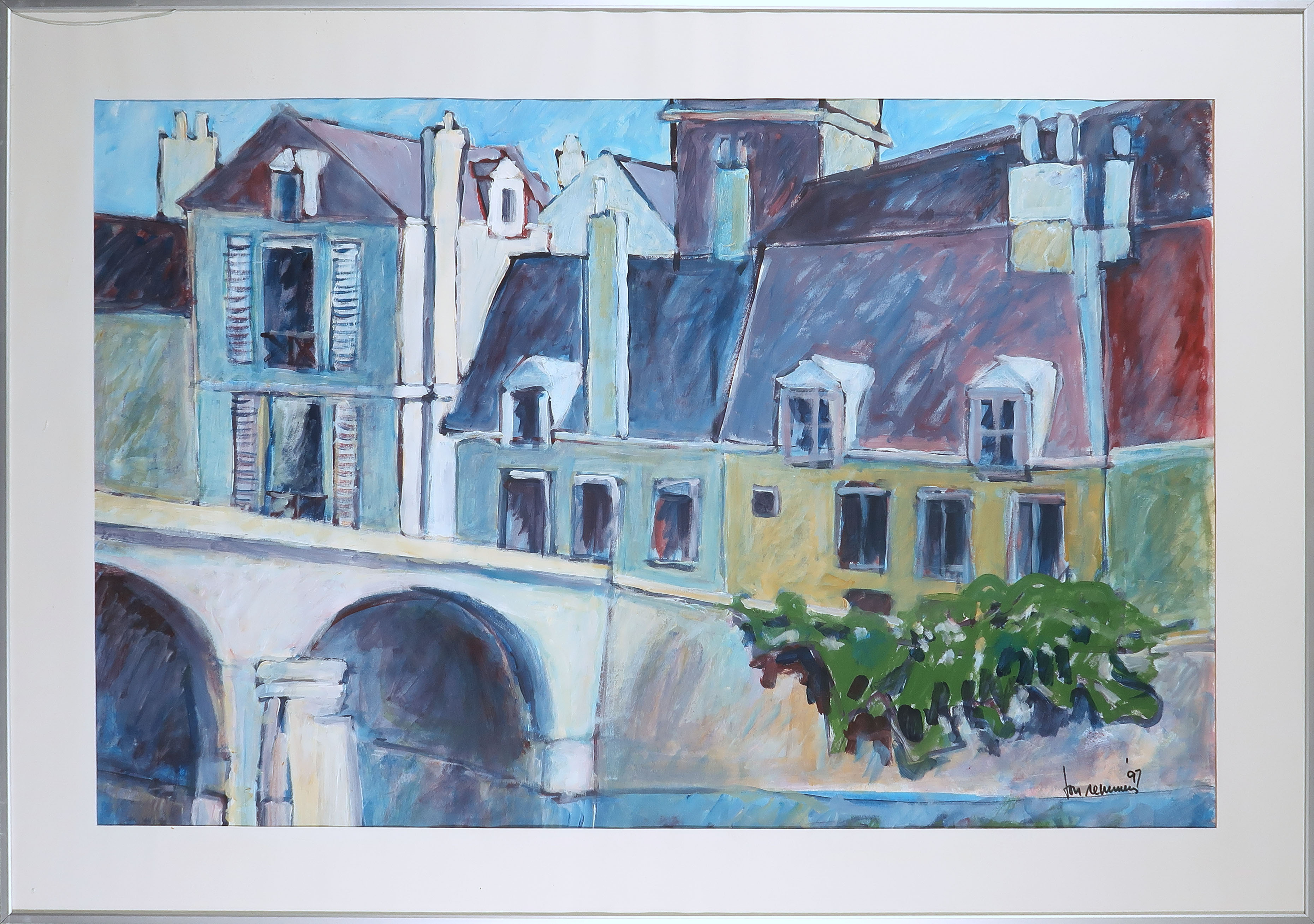 Ton Remmers - Gouache op papier, Stadsgezicht - Ingelijst (Groot) verkocht voor € 30!