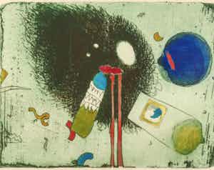 Michel van Overbeeke - Come across, kleurets met bladgoud - ingelijst verkocht voor € 80!