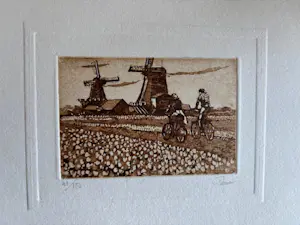 Giorgio Ferrari - Twee fietsers bij bollenveldje met zicht op molens kopen? Bied vanaf 20!