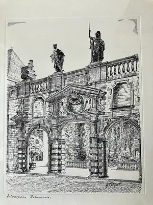Niet of onleesbaar gesigneerd - 2 Etsen Antwerpen en Bruxelles in mooie houten lijsten van 40 x 29 cm kopen? Bied vanaf 1!