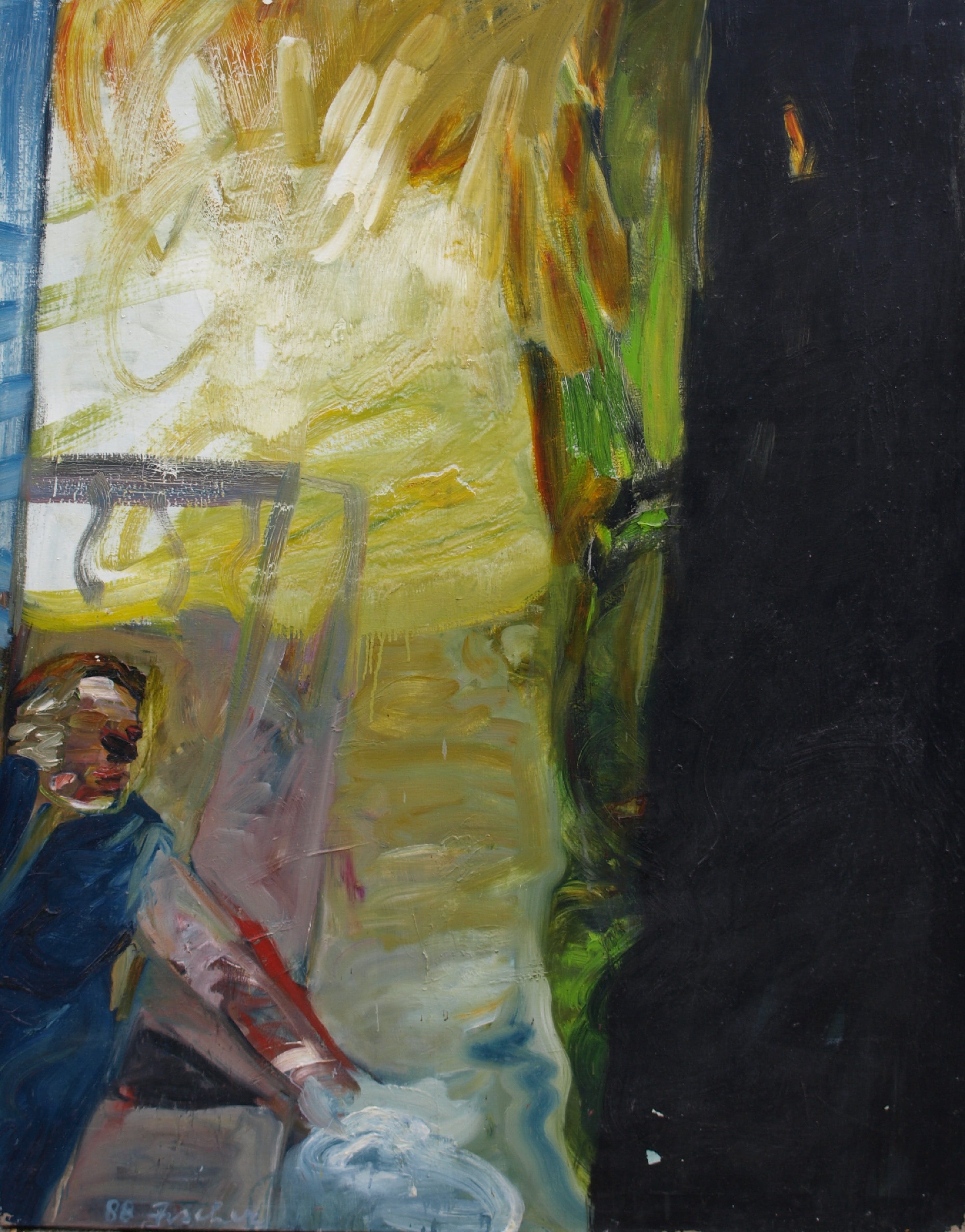 Annemarie Fischer - Vrouw op balkon - olieverf op doek – GROOT - gesigneerd – ca 1988  verkocht voor € 350!