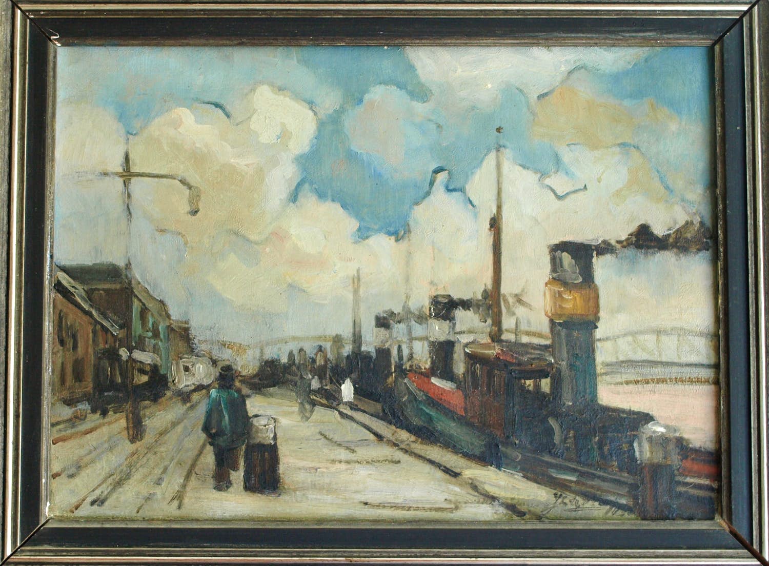 Niet of onleesbaar gesigneerd - Olieverf op doek , Aan de kade - ingelijst kopen? Bied vanaf 1!