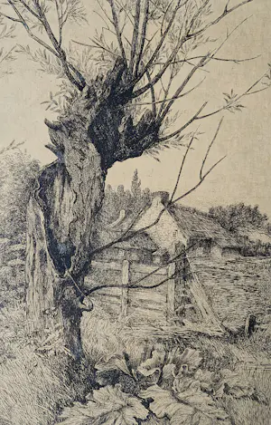 Adrianus Johannes Grootens - Fraaie jaren 30 Ets "Wilg bij boerderij" - potloodgesigneerd kopen? Bied vanaf 28!