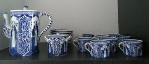 N.V. Porselein- en Tegelfabriek Mosa - Lange Lijs servies - Theepot, suikerpot en 8 kopjes en schoteltjes kopen? Bied vanaf 30!