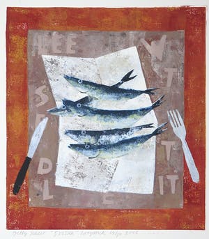 Betty Scheer - Linosnede, 5 vissen kopen? Bied vanaf 35!