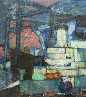 Wim Motz - Olieverf op doek | 'Houthaven van Stolk Rotterdam'| Eind jaren '50 kopen? Bied vanaf 1000!