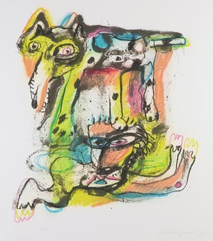 Henk Vierveijzer - Met pastelkrijt bewerkte litho, Z.T. Fantasiewezens kopen? Bied vanaf 50!