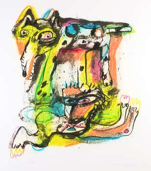 Henk Vierveijzer - Met pastelkrijt bewerkte litho, Z.T. Fantasiewezens verkocht voor € 50!