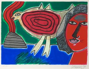 Corneille - Litho, Femme et oiseau rouge - Ingelijst kopen? Bied vanaf 1!