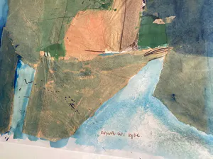 Gjalt Walstra - Uniek werk in gemengde techniek (inkt & collage), Abstract landschap met zon kopen? Bied vanaf 50!