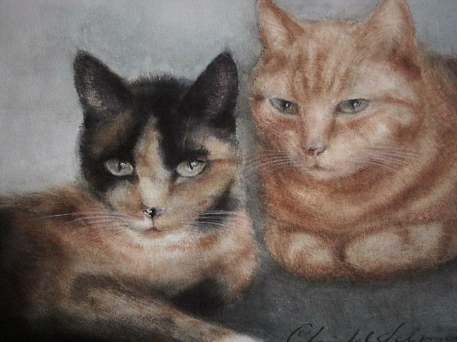 Christel Selmouni - Fraai gesigneerd Pastel "2 liggende poezen" + gesigneerde affiche ! kopen? Bied vanaf 1!