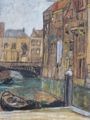 Ans van den Berg - Amsterdamse Joffer - pastel op papier "stadsgezicht met gracht" (den Haag?) kopen? Bied vanaf 88!