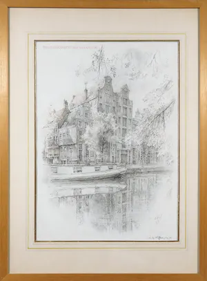 Willem Gerard Hofker - Potlood en pastelkrijt, Herengracht-Roomolenstraat - Ingelijst kopen? Bied vanaf 1200!