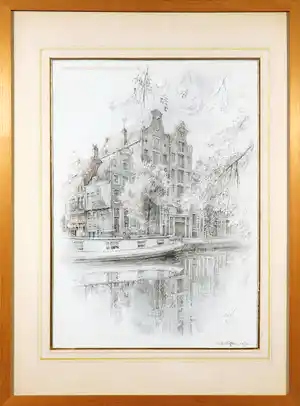 Willem Gerard Hofker - Potlood en pastelkrijt, Herengracht-Roomolenstraat - Ingelijst verkocht voor € 1200!