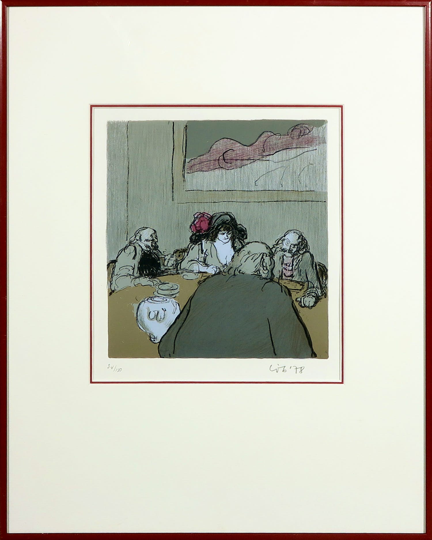 Kurt Lob - Litho, Aan tafel - Ingelijst verkocht voor € 40!