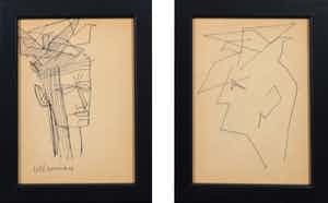 Siep van den Berg - Lot van twee pentekeningen, Ideéenman en man - Ingelijst verkocht voor € 35!