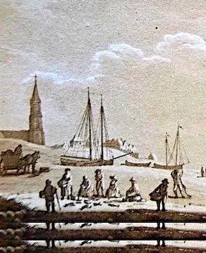 Samuel Ireland - Ets aquatint Scheveningse Strand met Vissers + oude landkaart van Scheveningen kopen? Bied vanaf 29!