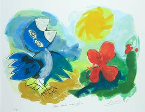 John Lie a Fo - Zeefdruk, Blue bird red flower - Ingelijst kopen? Bied vanaf 35!