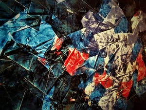 Niet of onleesbaar gesigneerd - Jaren 50 Abstract Expressionistische Collage "Red in Blue" GROOT! kopen? Bied vanaf 1!
