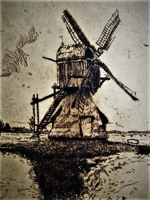 Martin van Waning - Mooie grote Droge Naald Ets - Landschap met molen Schiermonnikoog - gesigneerd kopen? Bied vanaf 39!