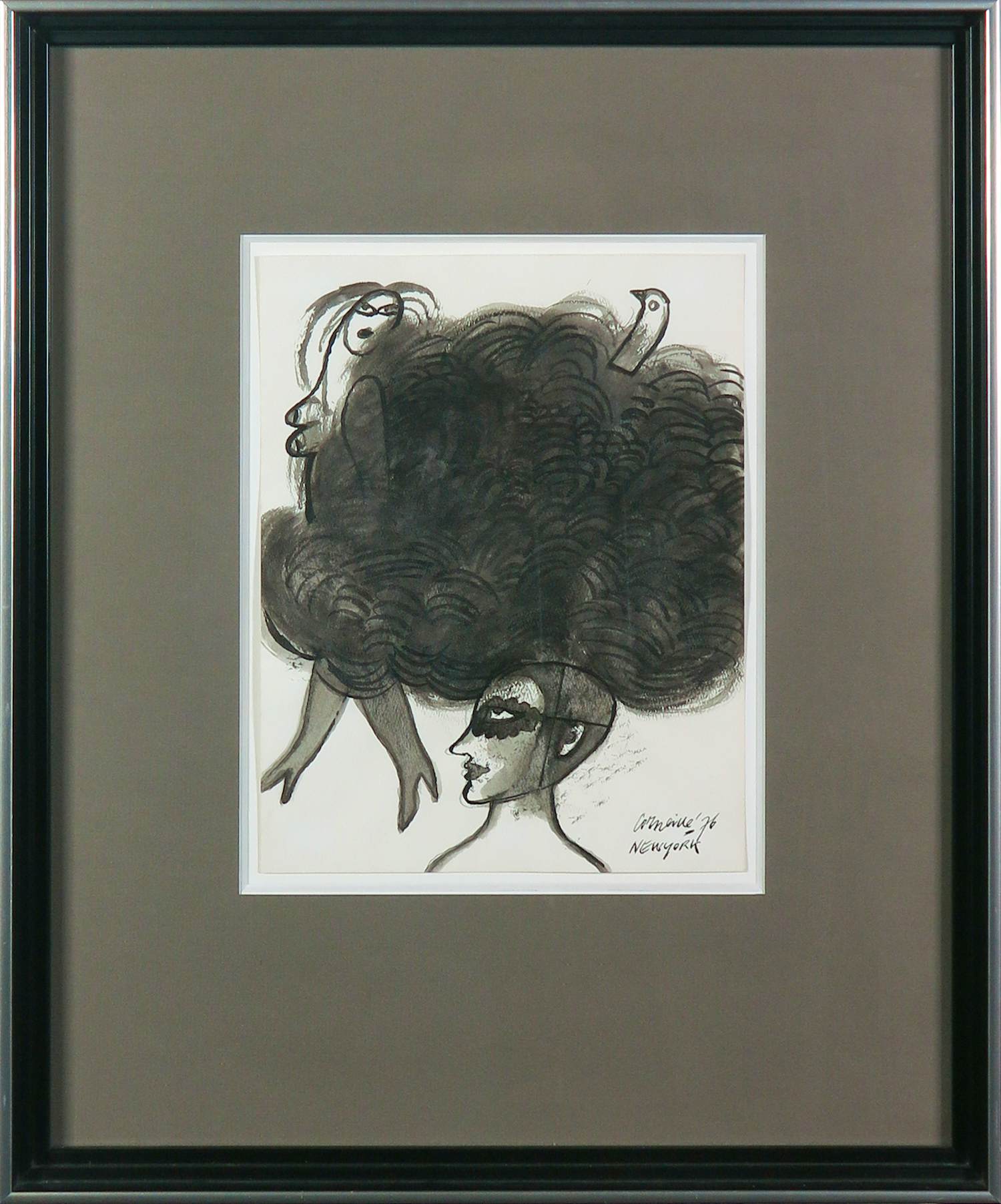 Corneille - Inkttekening, New York / Struisvogel - Ingelijst verkocht voor € 1400!