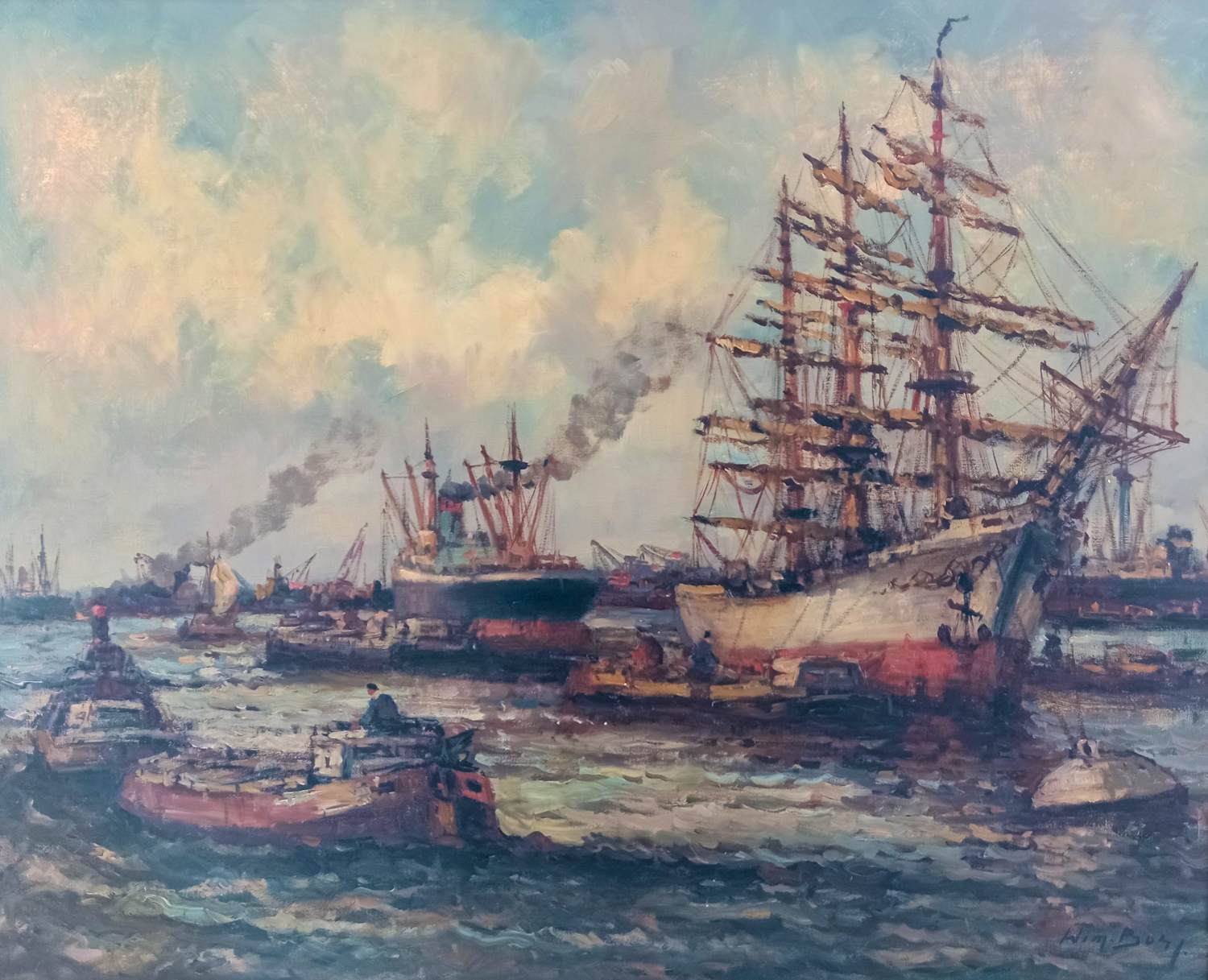 Wim Bos - Stoomboten en driemaster in de haven verkocht voor € 250!