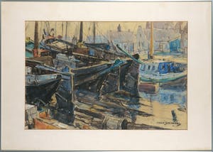 Henk Bellaard - Aquarel, Haven van Spakenburg - Ingelijst kopen? Bied vanaf 70!