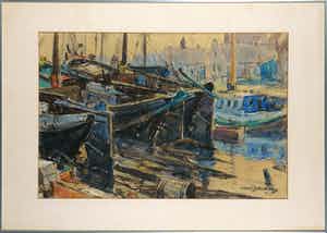 Henk Bellaard - Aquarel, Haven van Spakenburg - Ingelijst verkocht voor € 70!