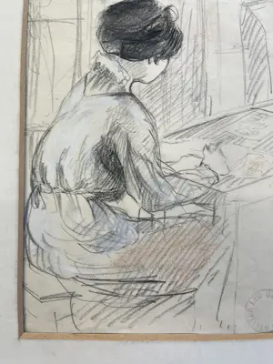 Leo Gestel - De vrouw van de kunstenaar aan het tekenen - met atelierstempel kopen? Bied vanaf 240!