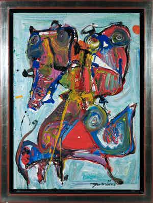 Jan te Wierik - Gemengde techniek op papier (op paneel), Fabeldieren - Ingelijst verkocht voor € 1200!