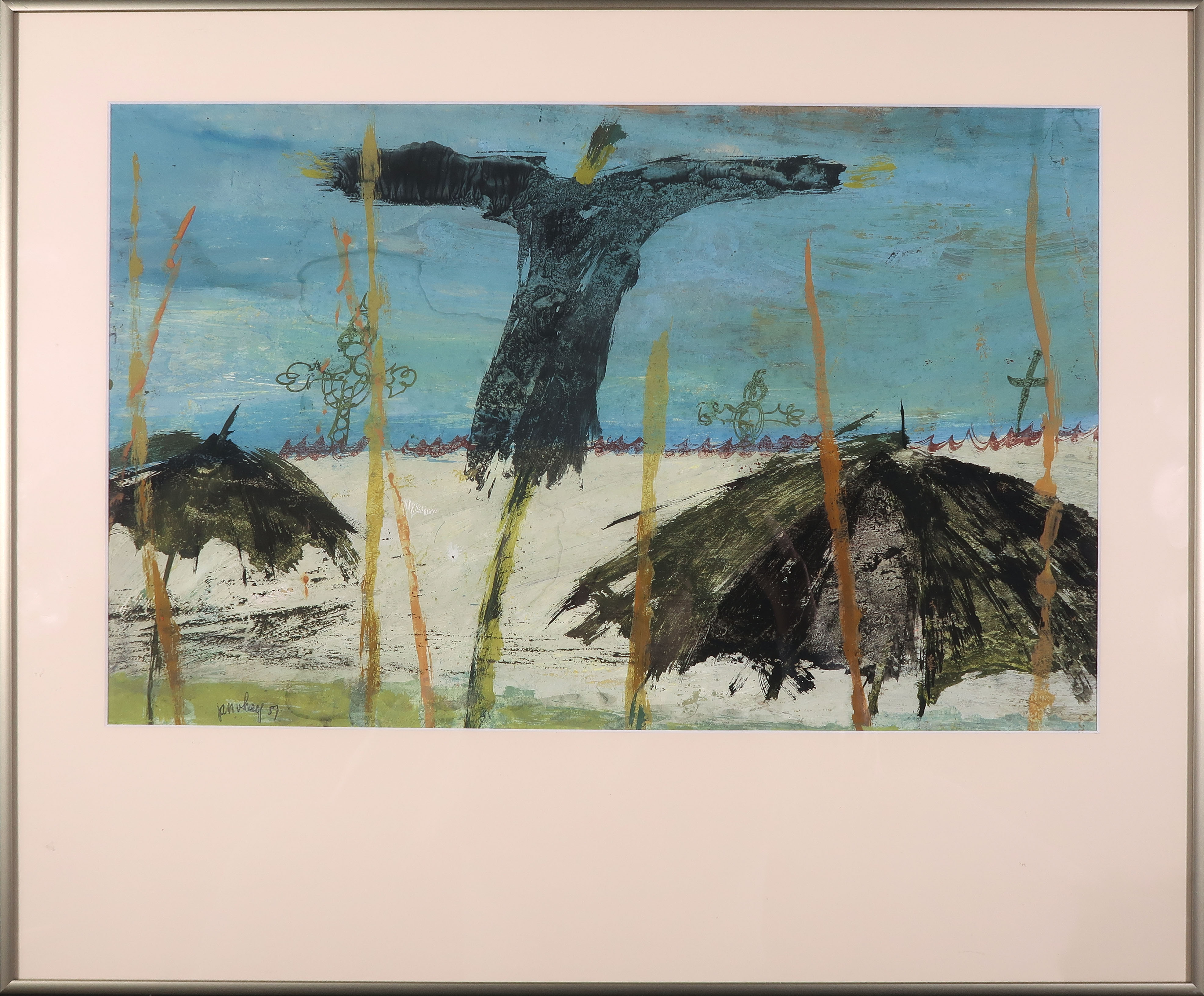 Jan van Heel - Gouache op papier, Landschap met vogelverschrikker - Ingelijst verkocht voor € 1!