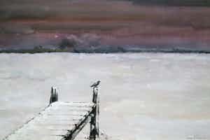 Jan Visser - gouache op papier - winterlandschap met vogel verkocht voor € 39!