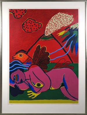 Corneille - Zeefdruk, Femme à l'oiseau et au volcan - Ingelijst (Zeer groot) kopen? Bied vanaf 750!
