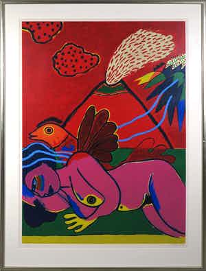 Corneille - Zeefdruk, Femme à l'oiseau et au volcan - Ingelijst (Zeer groot) verkocht voor € 750!