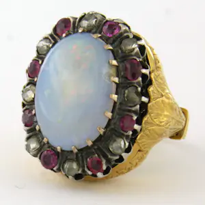 14k gouden ring met opaal, robijn en roos diamanten tot. 0.10ct kopen? Bied vanaf 1100!