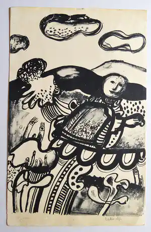 Jan Cobbaert - z/w litho auto in landschap verkocht voor € 25!