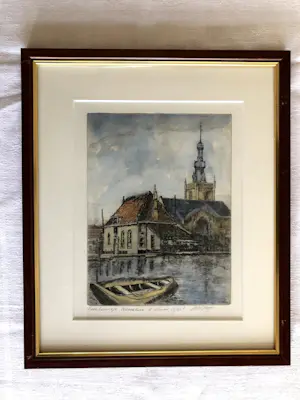 Huib Bijl - Veerhuisje te Overschie - Ingekleurde ets, Ingelijst kopen? Bied vanaf 30!