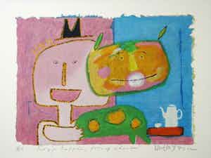 Wouter Stips - Kleurenzeefdruk KOPJE KOFFIE POES ERBIJ Handgesigneerd. verkocht voor € 145!