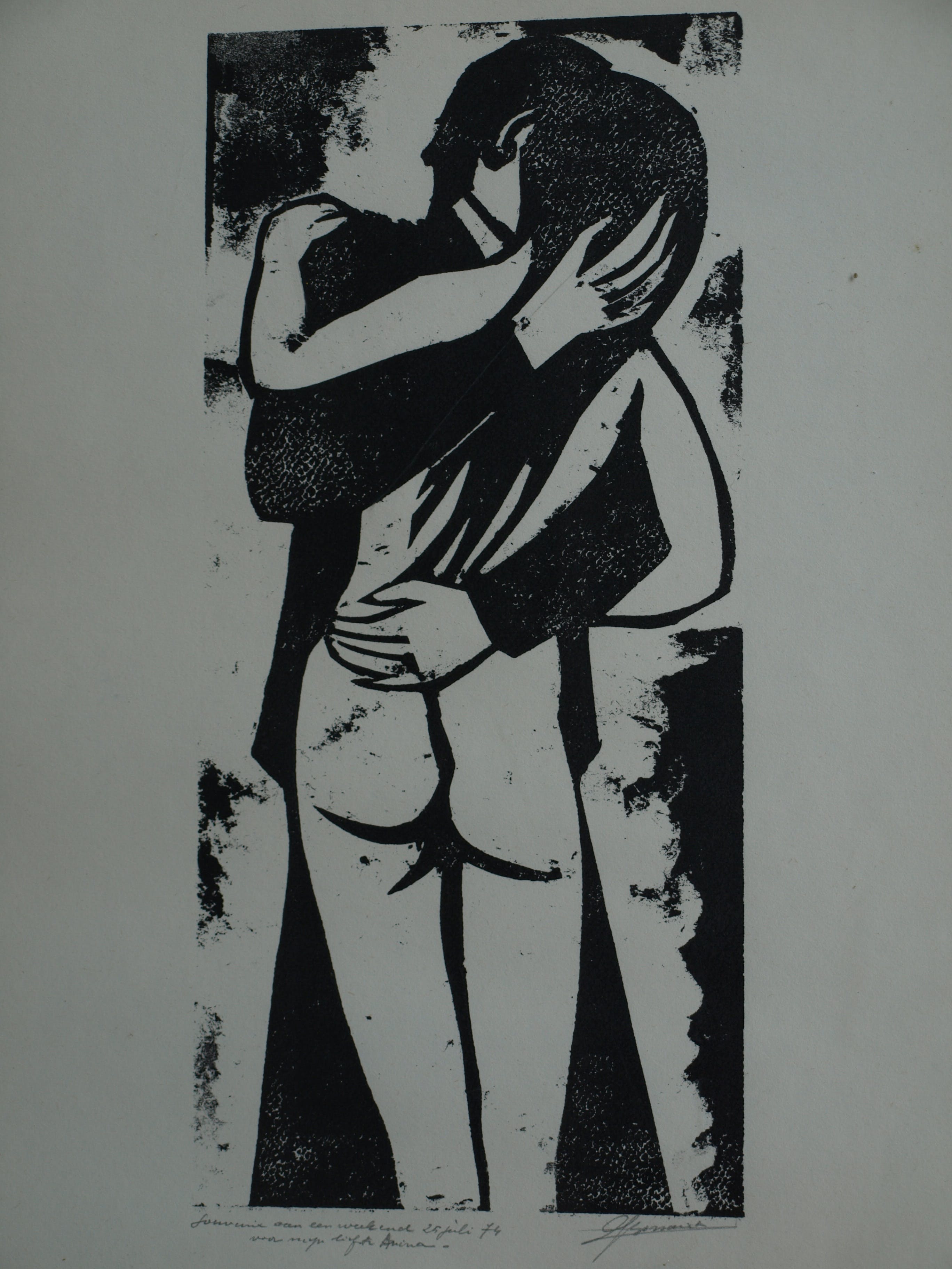 Jozef Bossaert - Kartonsnede , Kussend paar – ingelijst – 1974 kopen? Bied vanaf 15!