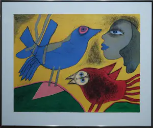 Corneille - ingelijste litho: Oiseau bleu et rouge avec femme - 1995 (nette lijst!) kopen? Bied vanaf 325!