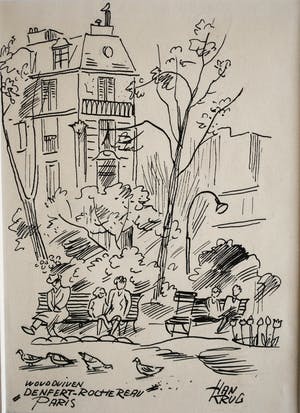 Han Krug - Parijs - Place Denfert-Rochereau - inkttekening - mooie lijst kopen? Bied vanaf 40!