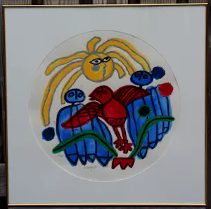 Corneille - Ingelijste zeefdruk: l'Oiseau rouge et soleil- 1990(groot werk!) kopen? Bied vanaf 295!