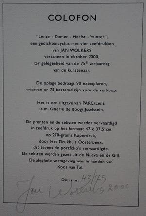 Jan Wolkers - Map met gesigneerde colophon: lente/zomer/herfst/winter kopen? Bied vanaf 20!