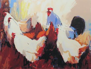 Gerda Elfring - Zeefdruk, 6 kippen - Ingelijst kopen? Bied vanaf 50!