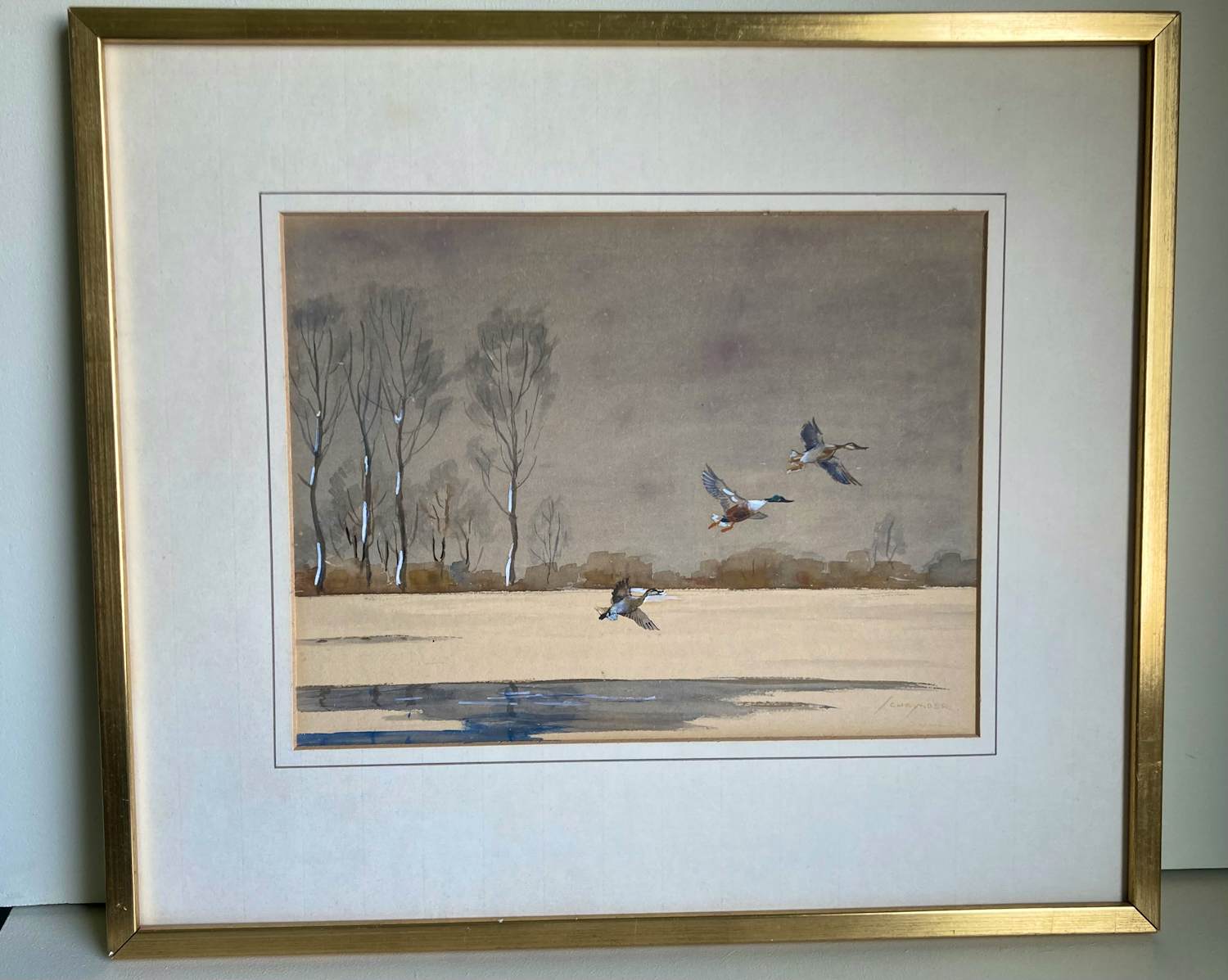 Jo Schrijnder - aquarel - opvliegende eenden in een winterlandschap - gesigneerd kopen? Bied vanaf 55!