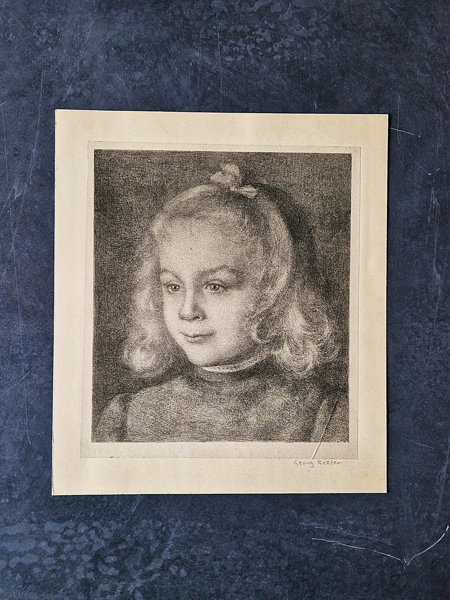 Georg Rueter - Knappe monochrome lithografie "meisje met strik" - 1920 - potloodgesigneerd kopen? Bied vanaf 38!