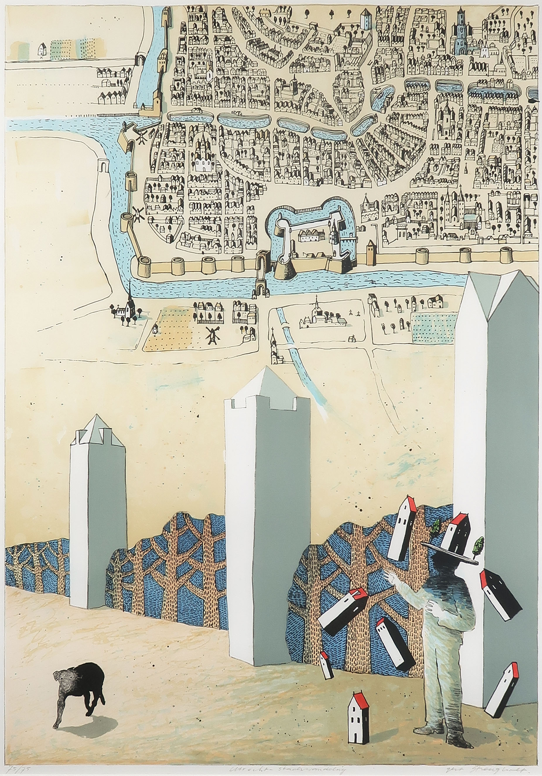 Gert Strengholt - Litho, Utrecht Stadswandeling - Ingelijst kopen? Bied vanaf 50!