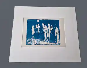 Buy Wim Motz - Jaren 60 - bijzondere blauwe unica linosnede - Nonnen en badgasten - gesigneerd? Bid from 39!